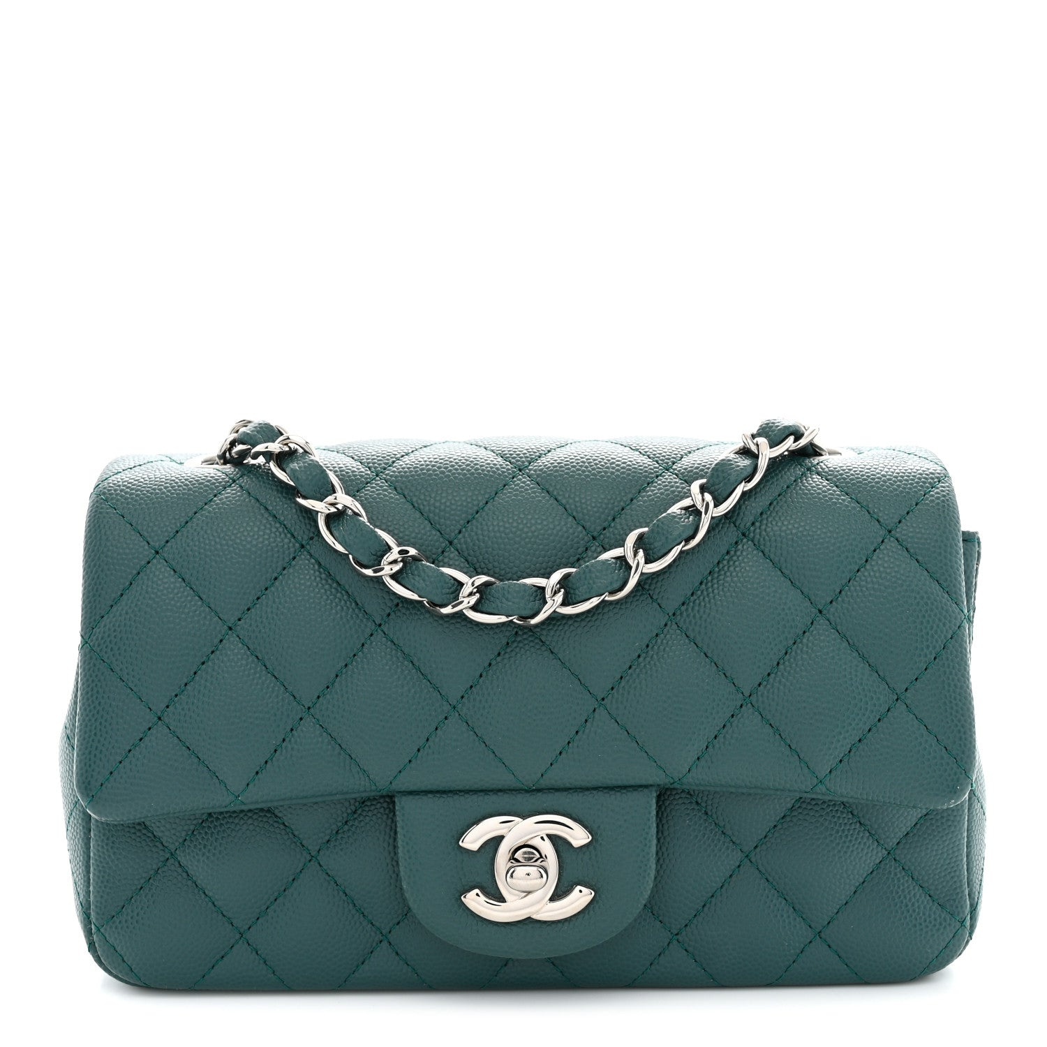 Chanel Kaviar gesteppte Mini Rechteckige Klappe dunkelgrün